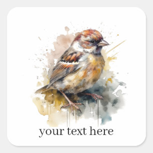 Sticker Carré Moineau à l'aquarelle rustique, personnalisé