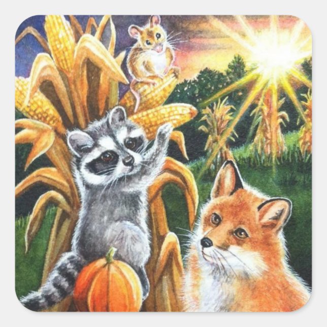 Sticker Carré Moisson d'automne Corn Red Fox Raccoon Aquarelle A (Devant)