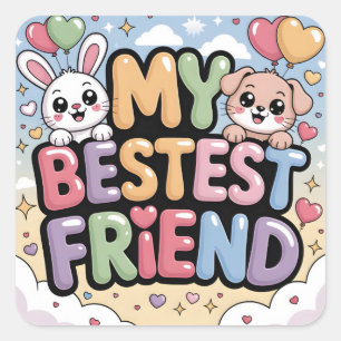 Sticker Carré Mon Meilleur Ami Graphique : Lapin et Chiot Mignon