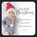 Sticker Carré Mon premier Noël Nom bébé Année Superposition phot<br><div class="desc">Mon premier bébé de Noël Année Photo Overlay Célébrez le premier Noël de votre bébé avec vos mailings festifs. Un script stylé pour My First Christmas et le reste du texte est facile à personnaliser. Remplacez l'exemple de photo par le vôtre.</div>