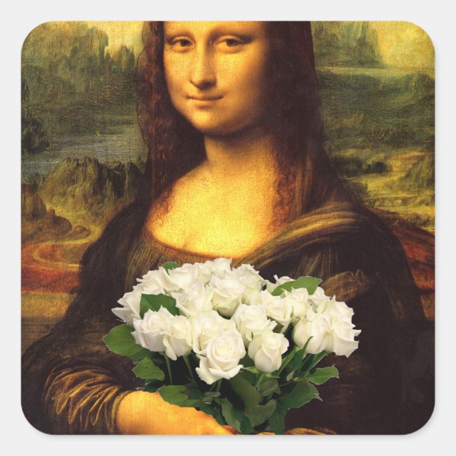 Sticker Carré Mona Lisa Avec Bouquet De Roses Blanches (Devant)