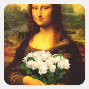 Sticker Carré Mona Lisa Avec Bouquet De Roses Blanches