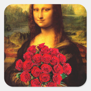 Sticker Carré Mona Lisa Avec Bouquet De Roses Rouges