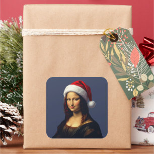 Sticker Carré Mona Lisa Chapeau de Père Noël Noël Fêtes Découpe