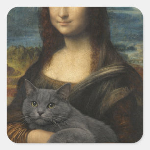 Sticker Carré Mona Lisa tenant un élégant chat gris