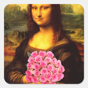 Sticker Carré Mona Lisa With Bouquet Of Pink Roses