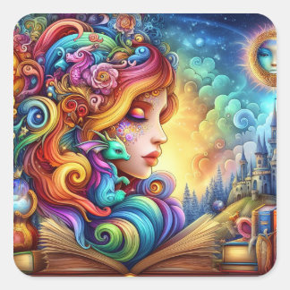 Sticker Carré Monde Fantastique Elfe et Bébé Dragon Magique et L