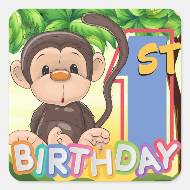 Sticker Carré Monkey 1er anniversaire fête (Devant)