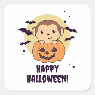 Sticker Carré Monkey In Pumpkin Cute Monkeys Happy Halloween