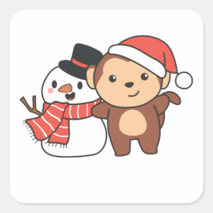 Sticker Carré Monkey With Snowman In Winter For Christmas