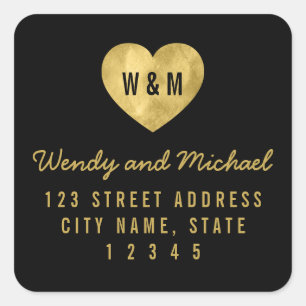 Sticker Carré Monogram Faux Gold Heart Mariage Adresse de retour