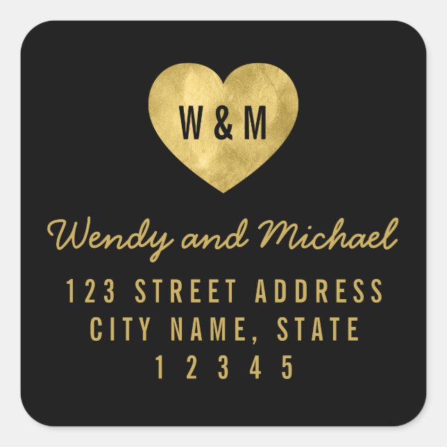 Sticker Carré Monogram Faux Gold Heart Mariage Adresse de retour (Devant)