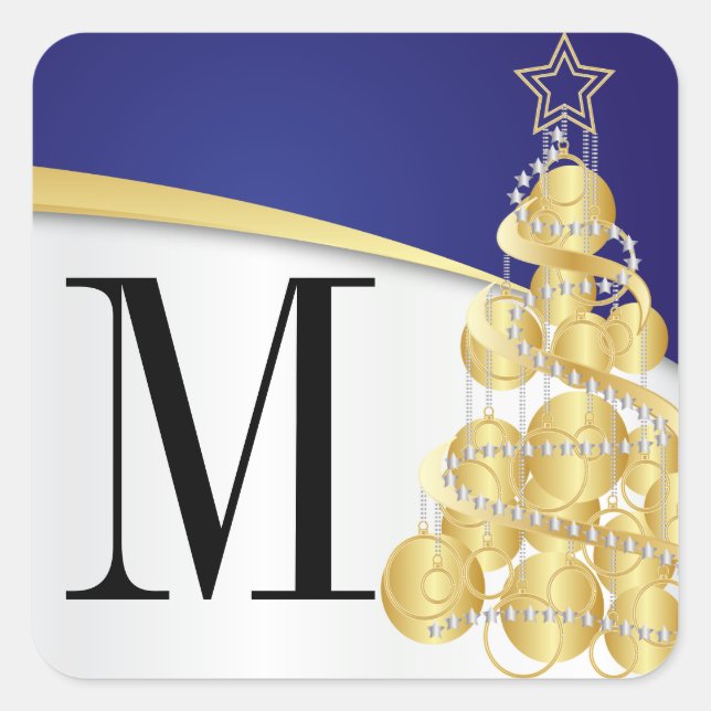 Sticker Carré Monogram Gold & Blue Merry Christmas (Devant)