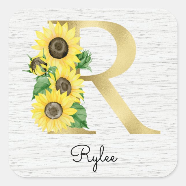 Sticker Carré Monogram Gold Sunflower Girly Floral Initial R (Devant)