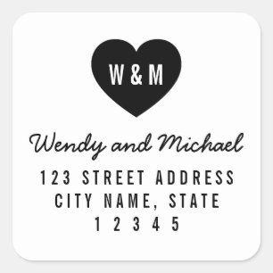 Sticker Carré Monogram Heart Modern Couple Mariage Adresse
