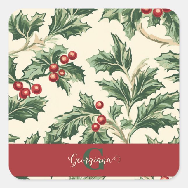 Sticker Carré Monogram Vintage Christmas Holly & Berries Motif (Devant)