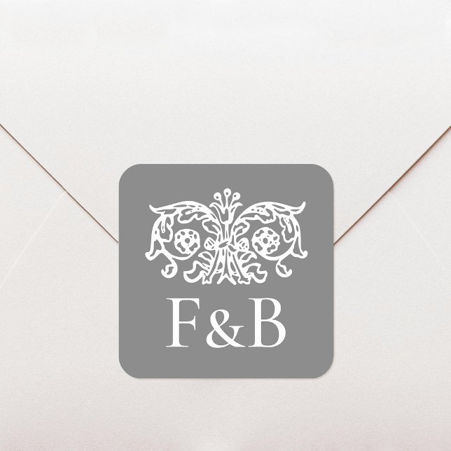 Sticker Carré Monogram Wedding Ornate Floral Dark Gray (Créateur téléchargé)