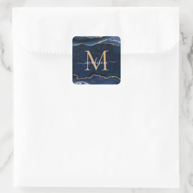 Sticker Carré monograme de la marine Blue Gold Agate Geode Glitt (Sac)
