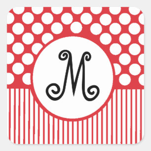 Sticker Carré Monogramme à rayures rouges et points blancs