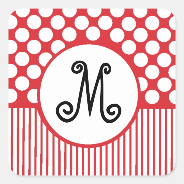 Sticker Carré Monogramme à rayures rouges et points blancs (Devant)