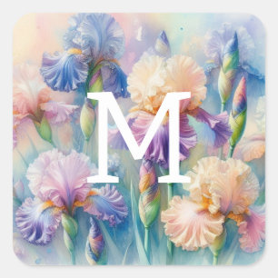 Sticker Carré Monogramme aquarelle florale fleurs d'iris violet
