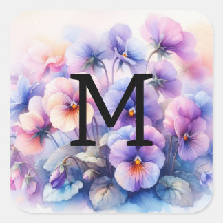 Sticker Carré Monogramme aquarelle florale pensées roses violett