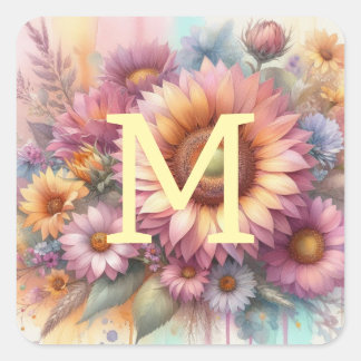 Sticker Carré Monogramme aquarelle florale rose tournesol jaune