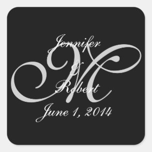 Sticker Carré Monogramme argenté sur noir avec Mariage Pois