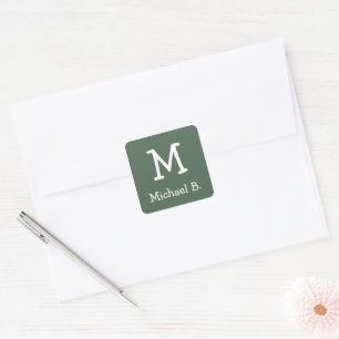 Sticker Carré Monogramme blanc et nom sur carré vert arrondi