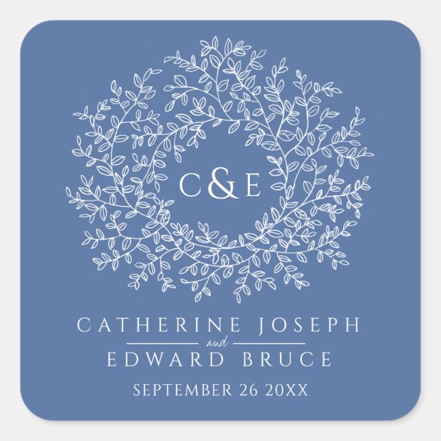 Sticker Carré Monogramme bleu classique art blanc mariage person (Devant)