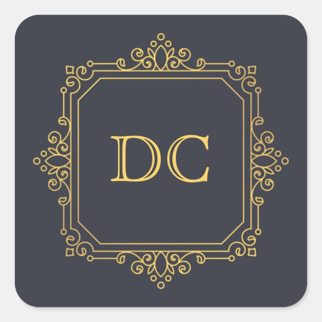 Sticker Carré Monogramme Blue Elegant Gold Design (Devant)