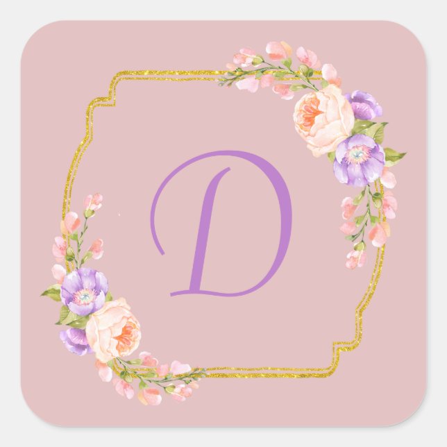 Sticker Carré Monogramme Cadre Gold initial avec Laurels à fleur (Devant)