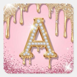 Sticker Carré Monogramme Cadre Or Paillettes Roses Diamant A
