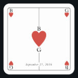 Sticker Carré Monogramme Coeurs de jeu Mariage de carte<br><div class="desc">Un monogramme unique coeurs jouant style carte mariage design. Un design impressionnant qui utilise des éléments de jeu de cartes pour créer un design de papeterie mariage unique. Un élégant monogramme de mariage de coeur rouge. Un modèle d'autocollant de mariage de carte à jouer avec des éléments modernes. Des invitations...</div>