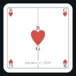 Sticker Carré Monogramme Coeurs de jeu Mariage de carte<br><div class="desc">Un monogramme unique coeurs jouant style carte mariage design. Un design impressionnant qui utilise des éléments de jeu de cartes pour créer un design de papeterie mariage unique. Un élégant monogramme de mariage de coeur rouge. Un modèle d'autocollant de mariage de carte à jouer avec des éléments modernes. Des invitations...</div>