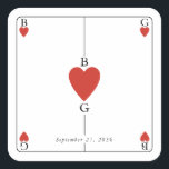 Sticker Carré Monogramme Coeurs de jeu Mariage de carte<br><div class="desc">Un monogramme unique coeurs jouant style carte mariage design. Un design impressionnant qui utilise des éléments de jeu de cartes pour créer un design de papeterie mariage unique. Un élégant monogramme de mariage de coeur rouge. Un modèle d'autocollant de mariage de carte à jouer avec des éléments modernes. Des invitations...</div>