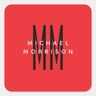 Sticker Carré Monogramme couleur rouge vif Lettres initiales Nom