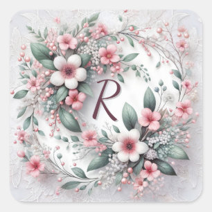 Sticker Carré Monogramme Dans Un Mariage Élégant Fleur Wreath