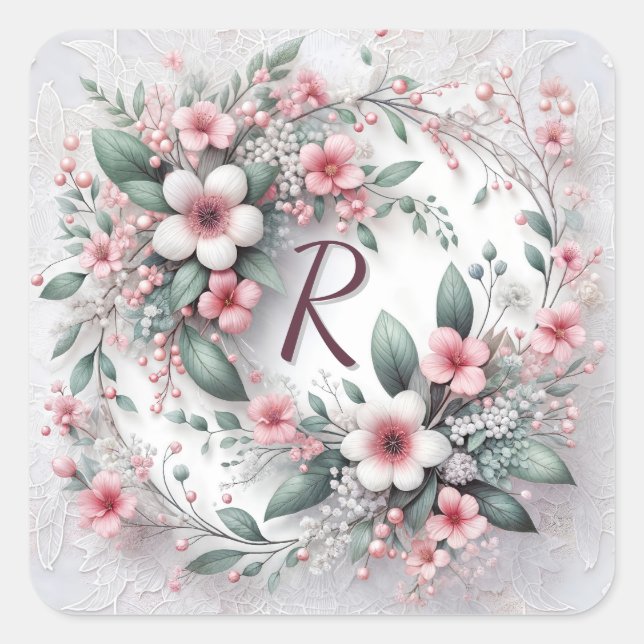 Sticker Carré Monogramme Dans Un Mariage Élégant Fleur Wreath (Devant)