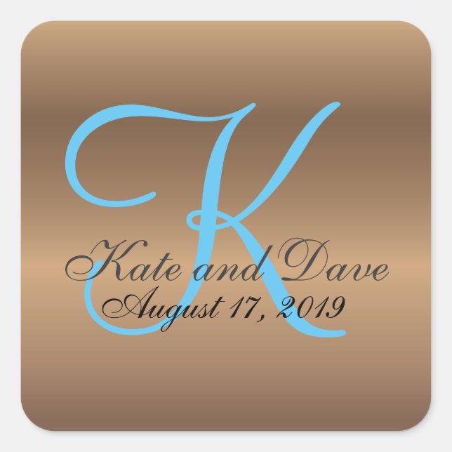 Sticker Carré Monogramme de bronze 🔑 Pecan élégant (Devant)