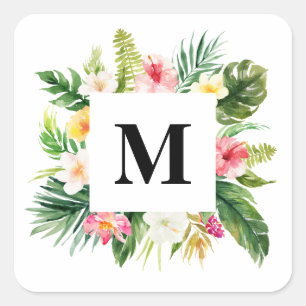 Sticker Carré Monogramme de cadre floral et feuilles tropicales 