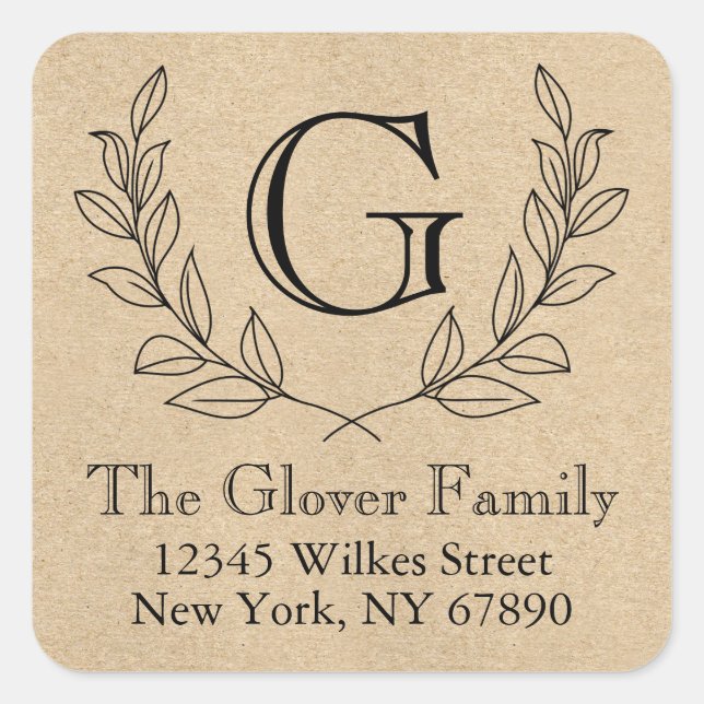 Sticker Carré Monogramme de couronne rustique Kraft Style d'adre (Devant)