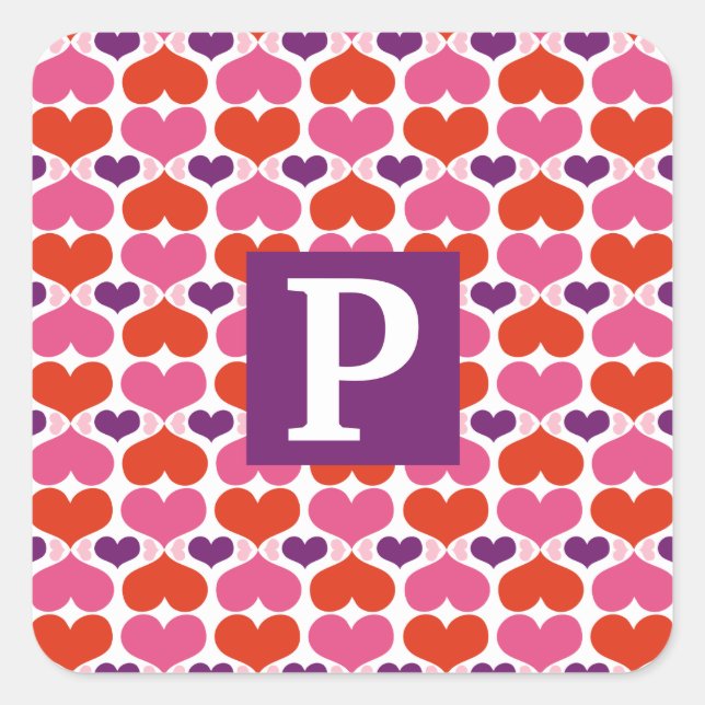 Sticker Carré Monogramme de courtepointe Valentine Hearts (Devant)
