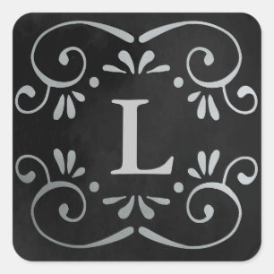 Sticker Carré Monogramme de floraison en soie noire en argent