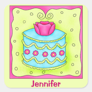 Sticker Carré Monogramme de gâteau d'anniversaire Turquoise Rose