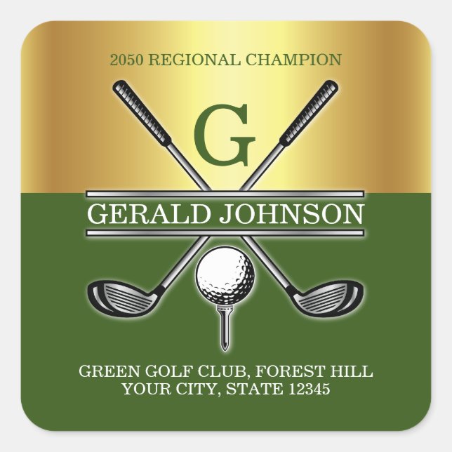 Sticker Carré Monogramme de golf personnalisé élégant (Devant)