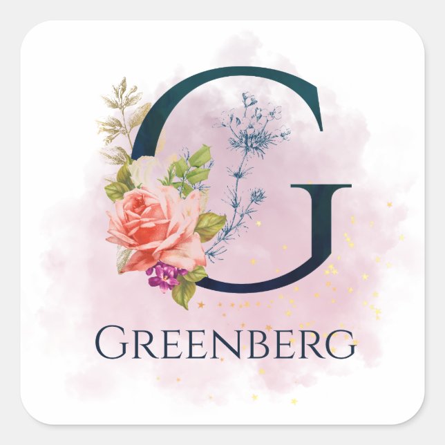 Sticker Carré Monogramme de lettre G floral élégant avec éclabou (Devant)