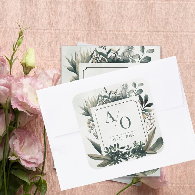 Sticker Carré Monogramme de mariage à la verdure botanique  (Botanical Greenery Wedding Monogram Envelope Seal | Sage Green Initials Wedding Sticker)