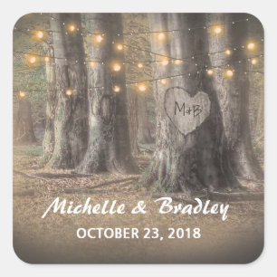 Sticker Carré Monogramme de mariage avec arbre rustique et guirl