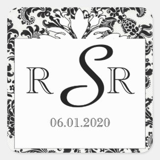 Sticker Carré Monogramme de Mariage damassé floral noir et blanc